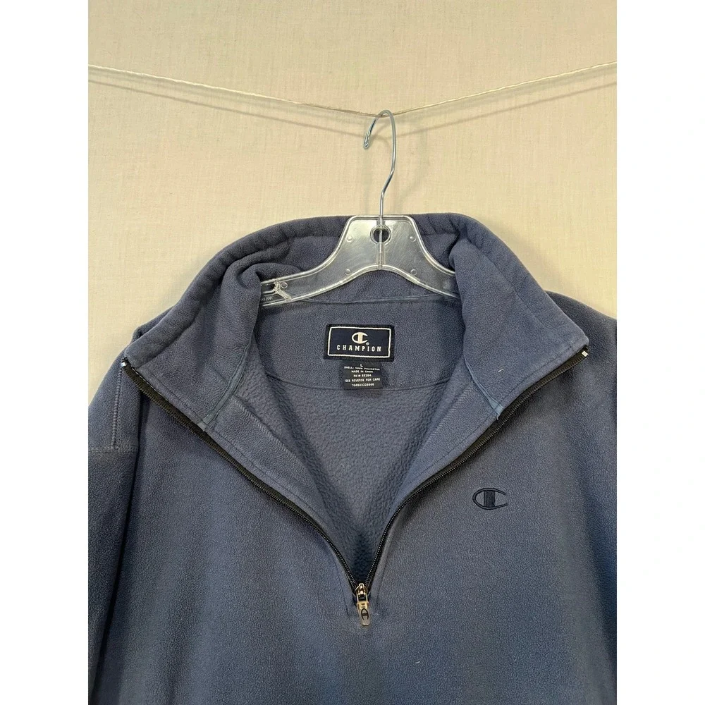 Champion Mens Quarter Zip Fleece Pullover Slate Blue Mock Neck Size L 3492